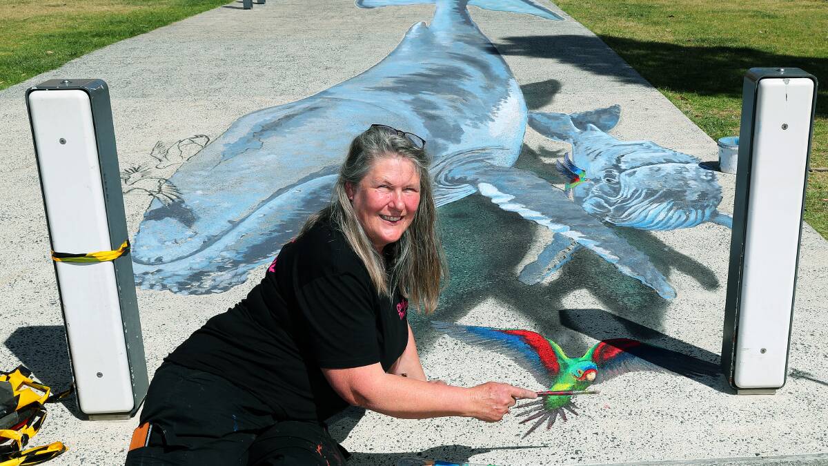 Artist Jenny McCracken has created a permanent work featuring humpback whales and swift parrots. Picture by Peter Lorimer 