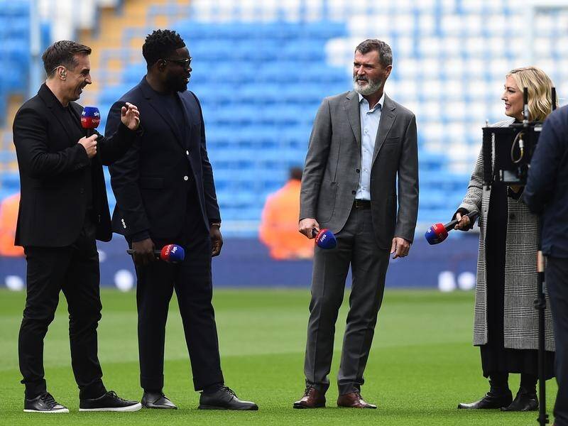 Roy Keane (third from left) with fellow Sky Sports pundits Gary Neville (left) and Micah Richards. (EPA PHOTO)